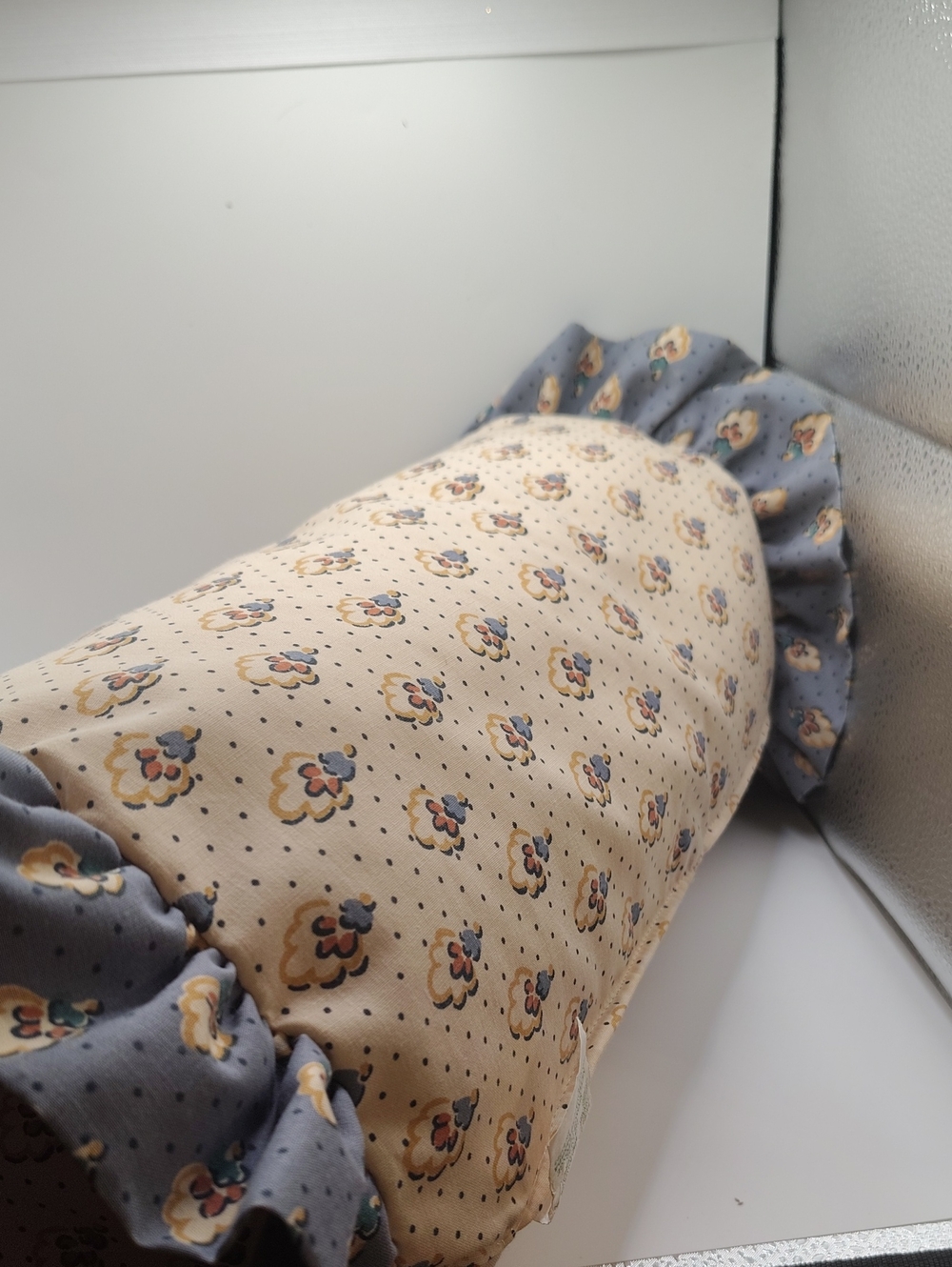 Vintage Country Floral Bolster Pillow - 20" Ruffled Neck Roll Cushion Cream&Blue